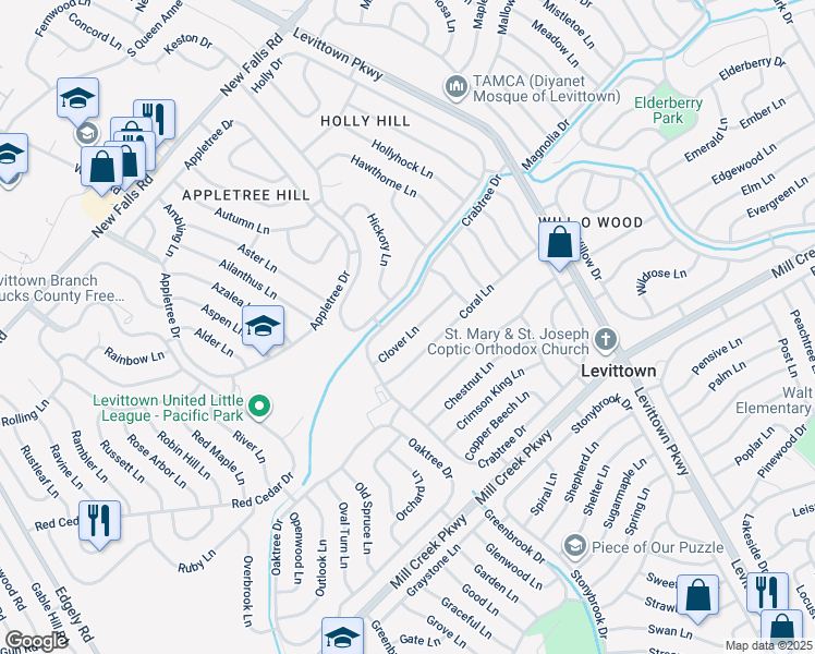 map of restaurants, bars, coffee shops, grocery stores, and more near 27 Clover Lane in Levittown