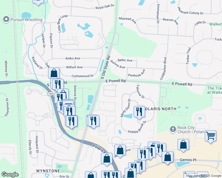 map of restaurants, bars, coffee shops, grocery stores, and more near 948 Chara Lane in Columbus