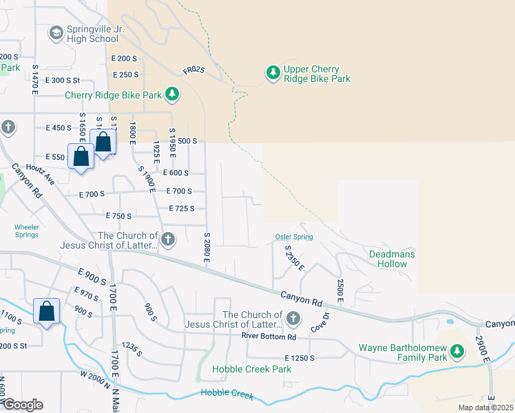 map of restaurants, bars, coffee shops, grocery stores, and more near 2295 East 700 South in Springville