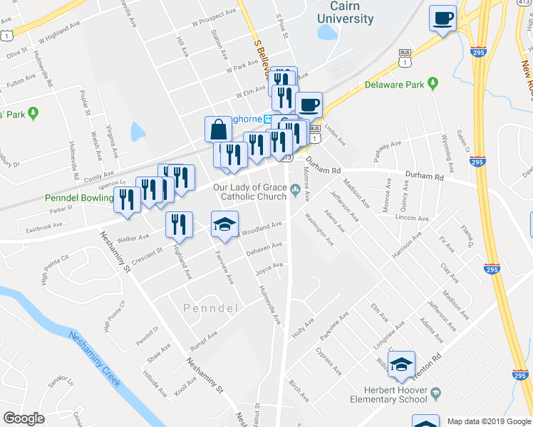 map of restaurants, bars, coffee shops, grocery stores, and more near 239 Centre Street in Penndel
