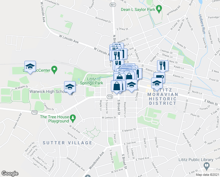 map of restaurants, bars, coffee shops, grocery stores, and more near 3 South Spruce Street in Lititz
