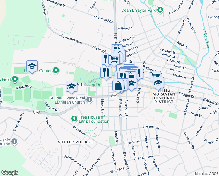 map of restaurants, bars, coffee shops, grocery stores, and more near 2 Maple Street in Lititz