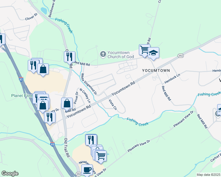map of restaurants, bars, coffee shops, grocery stores, and more near 32 White Dogwood Drive in Goldsboro