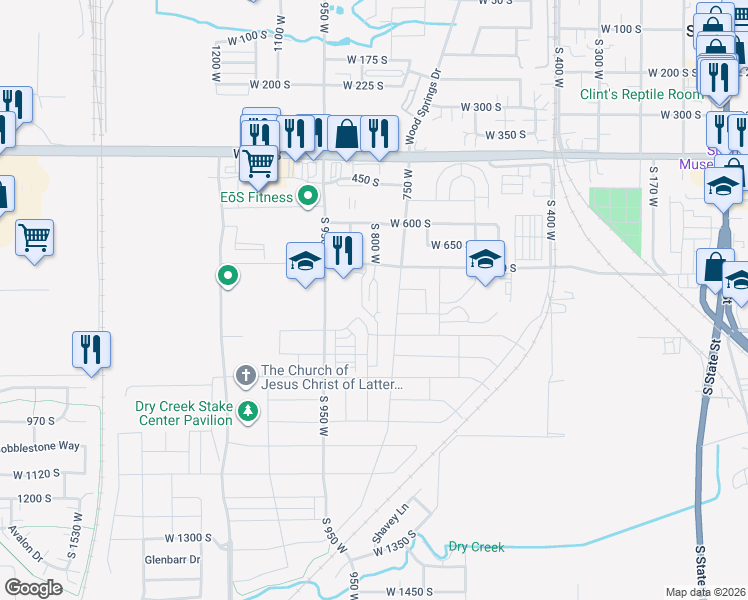 map of restaurants, bars, coffee shops, grocery stores, and more near 735 Harrison Drive in Springville