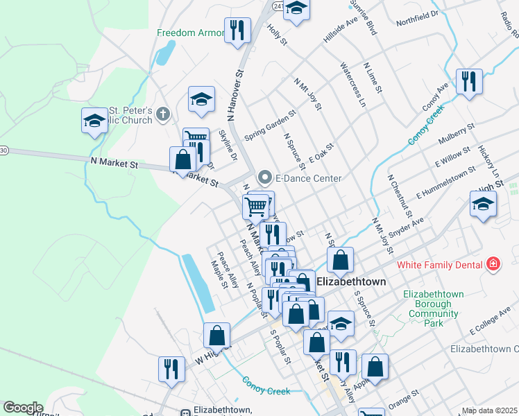 map of restaurants, bars, coffee shops, grocery stores, and more near 325 North Cherry Alley in Elizabethtown