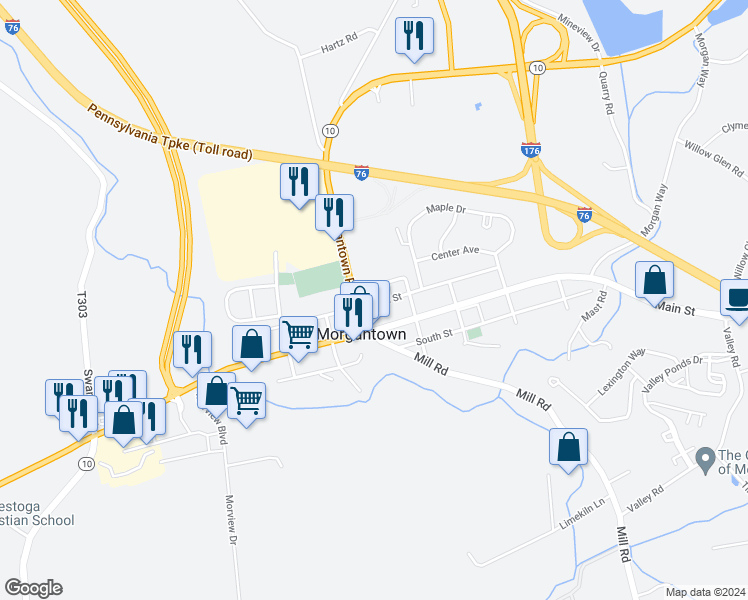 map of restaurants, bars, coffee shops, grocery stores, and more near 3211 North Street in Morgantown