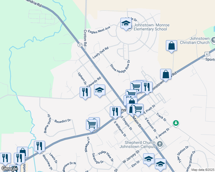 map of restaurants, bars, coffee shops, grocery stores, and more near 171 North Main Street in Johnstown
