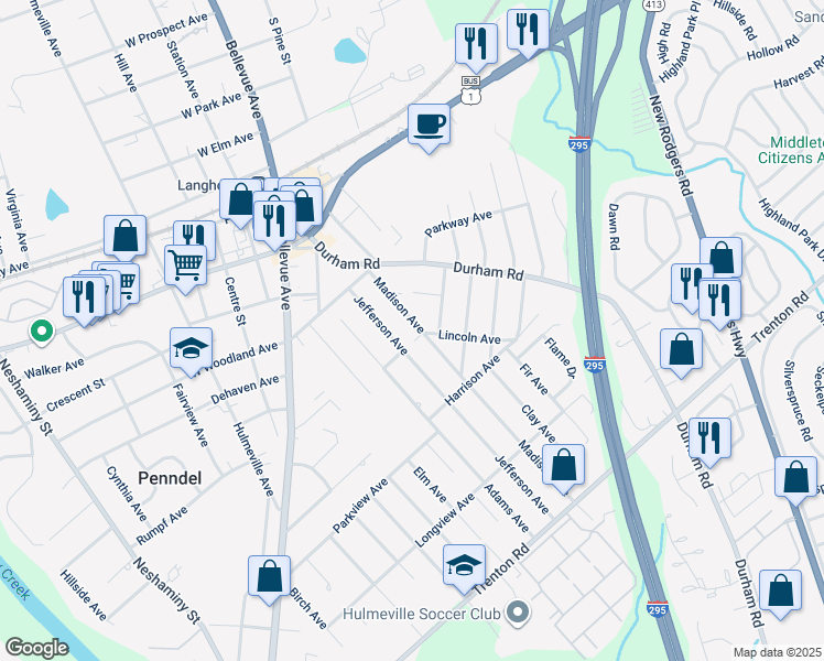map of restaurants, bars, coffee shops, grocery stores, and more near 458 Madison Avenue in Langhorne