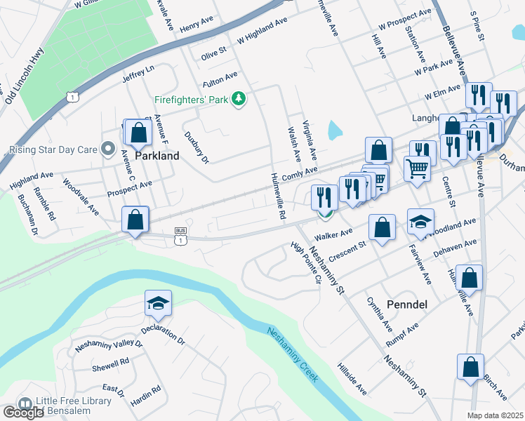 map of restaurants, bars, coffee shops, grocery stores, and more near 731 Parker Street in Langhorne