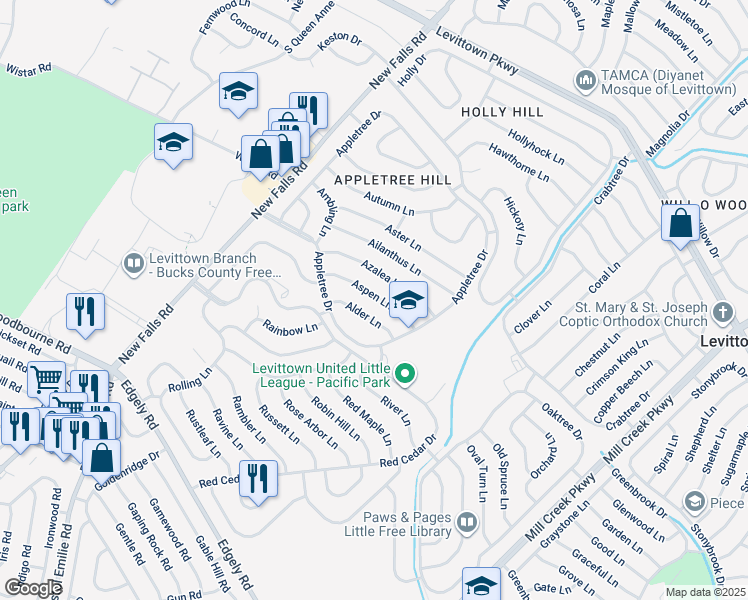 map of restaurants, bars, coffee shops, grocery stores, and more near 31 Aspen Lane in Levittown