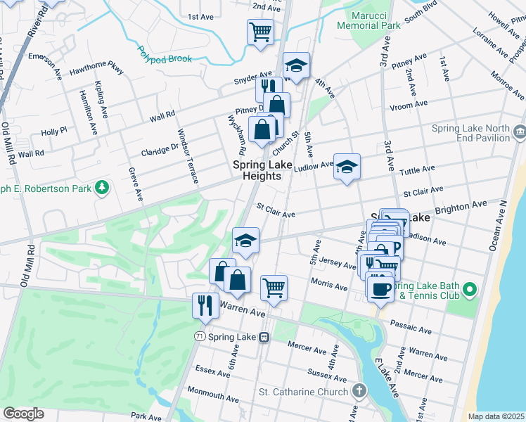 map of restaurants, bars, coffee shops, grocery stores, and more near 1721 Beverly Avenue in Spring Lake