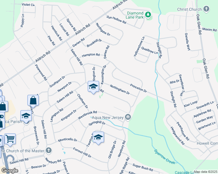 map of restaurants, bars, coffee shops, grocery stores, and more near 7 Nottingham Drive in Howell Township