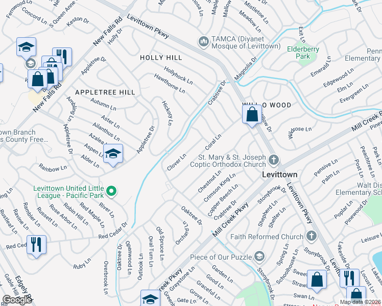 map of restaurants, bars, coffee shops, grocery stores, and more near 38 Clover Lane in Levittown