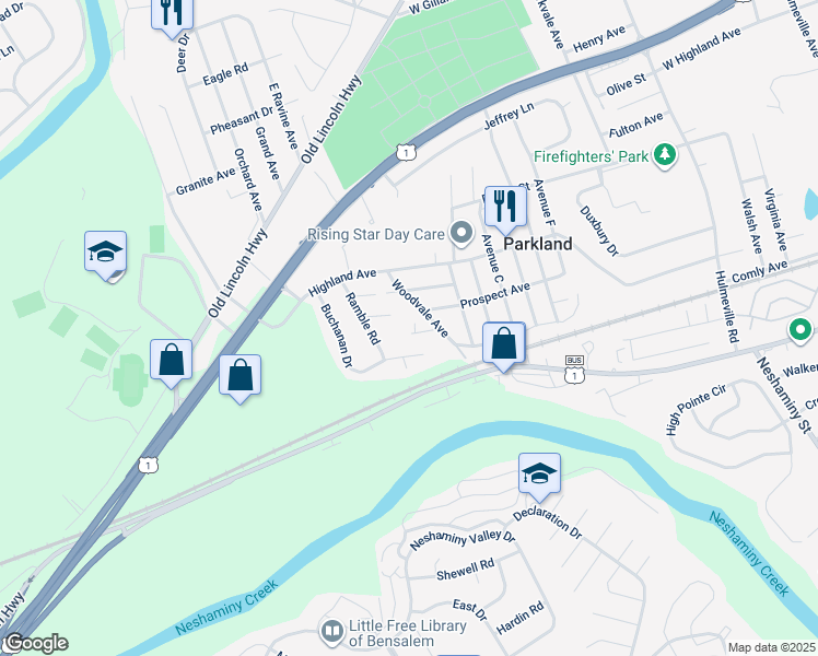 map of restaurants, bars, coffee shops, grocery stores, and more near 1637 Winter Avenue in Langhorne