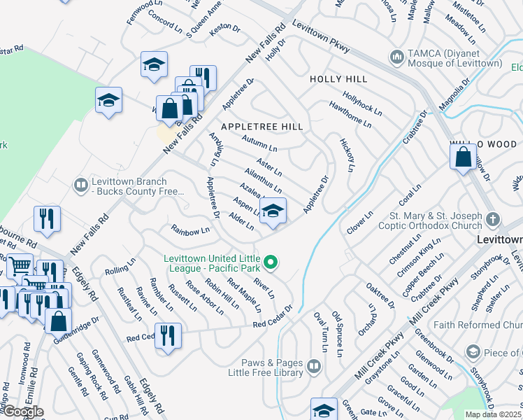 map of restaurants, bars, coffee shops, grocery stores, and more near 22 Aspen Lane in Levittown