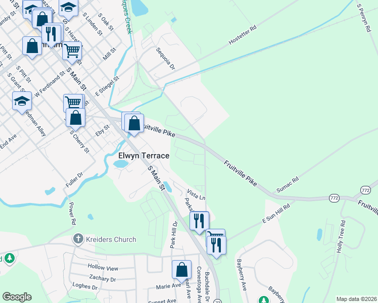 map of restaurants, bars, coffee shops, grocery stores, and more near 1000 Rivendell Drive in Manheim