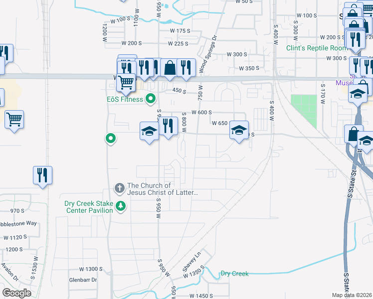 map of restaurants, bars, coffee shops, grocery stores, and more near 735 Harrison Drive in Springville