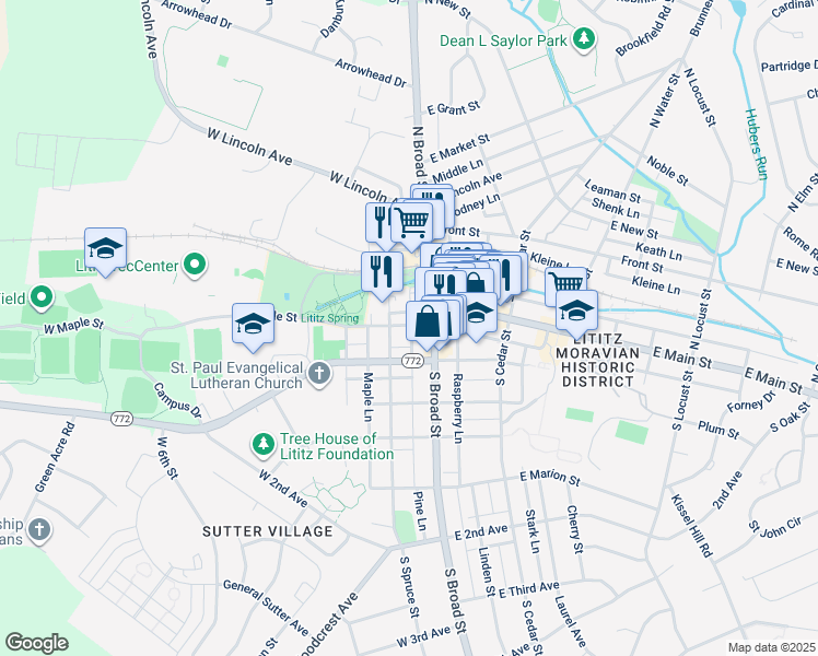 map of restaurants, bars, coffee shops, grocery stores, and more near 3 South Spruce Street in Lititz