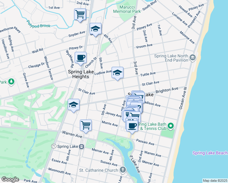 map of restaurants, bars, coffee shops, grocery stores, and more near 415 Saint Clair Avenue in Spring Lake