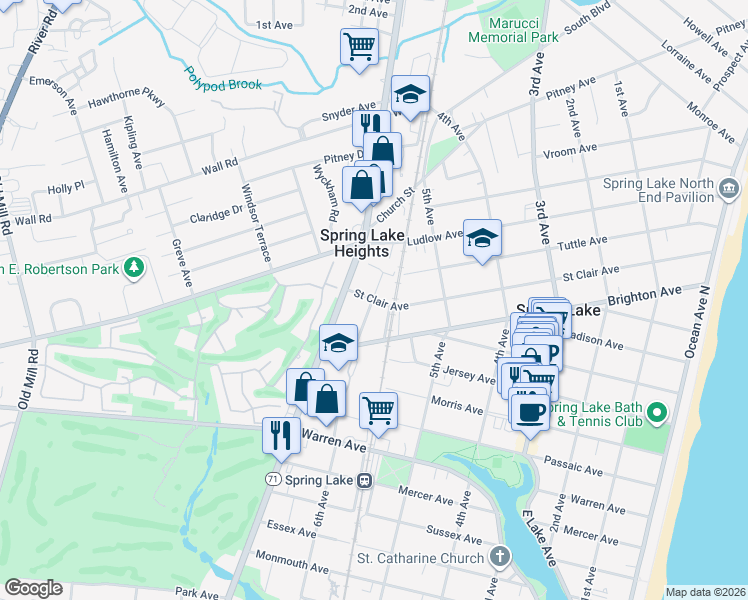 map of restaurants, bars, coffee shops, grocery stores, and more near 598 Saint Clair Avenue in Spring Lake