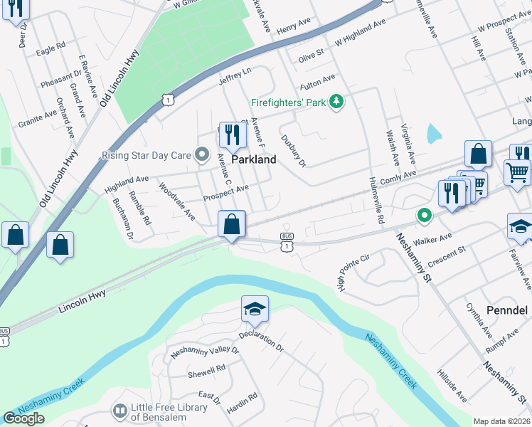 map of restaurants, bars, coffee shops, grocery stores, and more near 1102 Parkland Avenue in Langhorne