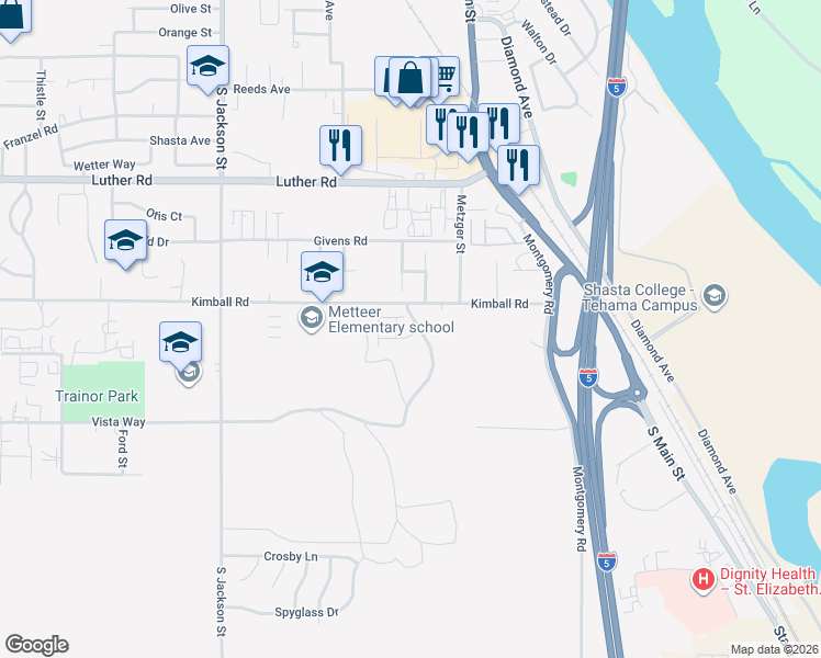 map of restaurants, bars, coffee shops, grocery stores, and more near 119 Amberidge Drive in Red Bluff