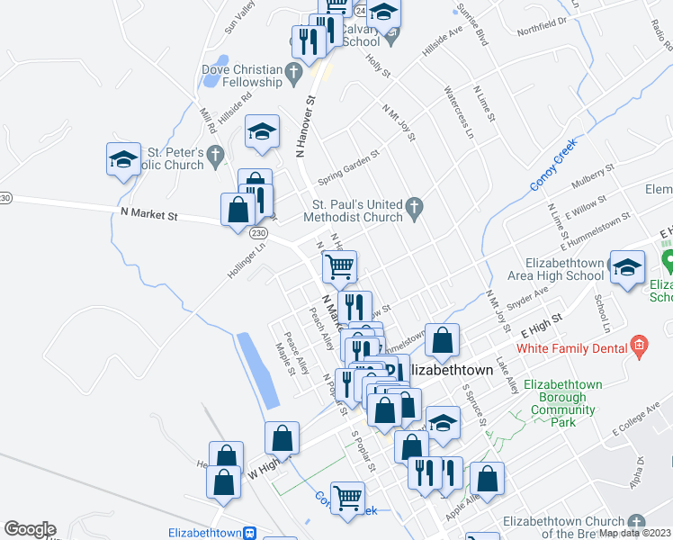 map of restaurants, bars, coffee shops, grocery stores, and more near 325 North Cherry Alley in Elizabethtown