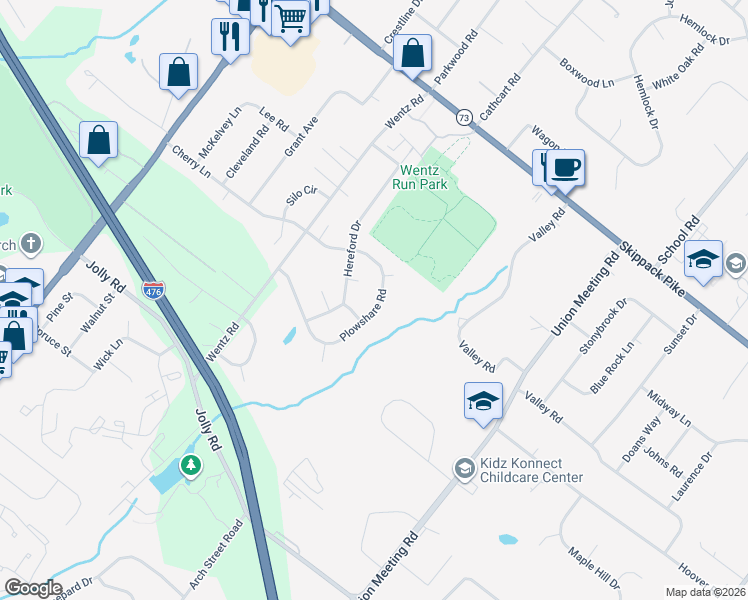map of restaurants, bars, coffee shops, grocery stores, and more near 1135 Plowshare Road in Blue Bell
