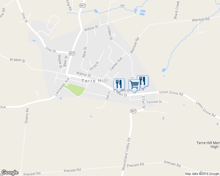 map of restaurants, bars, coffee shops, grocery stores, and more near 201 East Main Street in East Earl