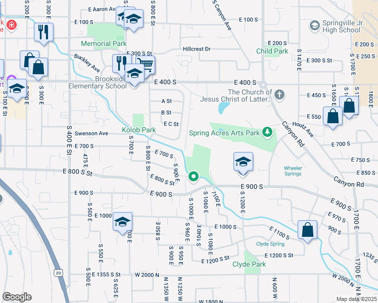map of restaurants, bars, coffee shops, grocery stores, and more near 795 South Weight Avenue in Springville