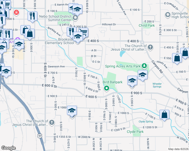 map of restaurants, bars, coffee shops, grocery stores, and more near 857 East 700 South in Springville