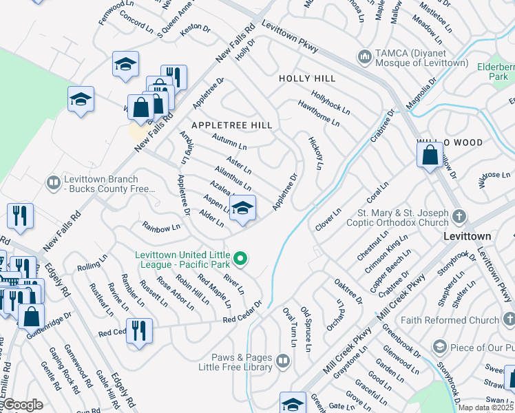 map of restaurants, bars, coffee shops, grocery stores, and more near 10 Azalea Lane in Levittown