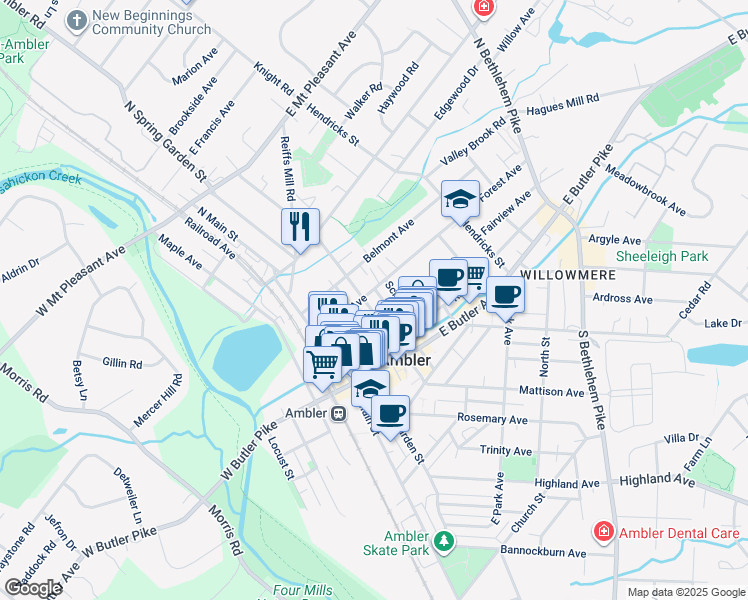 map of restaurants, bars, coffee shops, grocery stores, and more near 61 Forest Avenue in Ambler