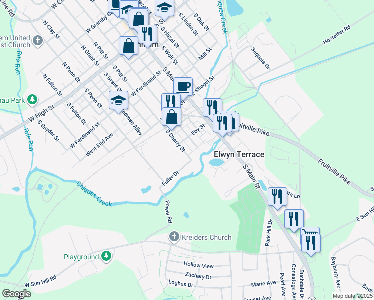 map of restaurants, bars, coffee shops, grocery stores, and more near 334 South Charlotte Street in Manheim