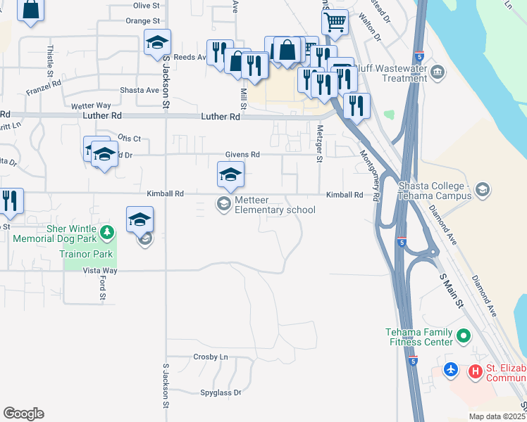 map of restaurants, bars, coffee shops, grocery stores, and more near 142 Brookridge Drive in Red Bluff