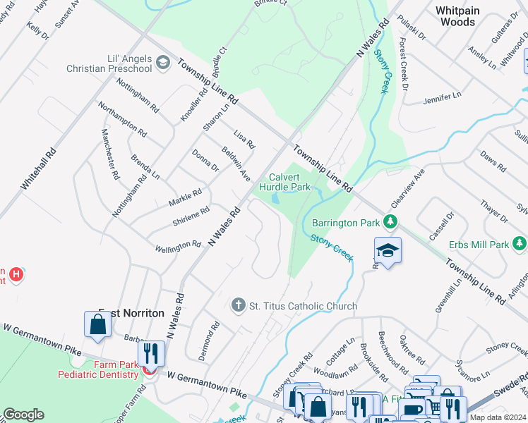 map of restaurants, bars, coffee shops, grocery stores, and more near 121 Stony Way in Eagleville