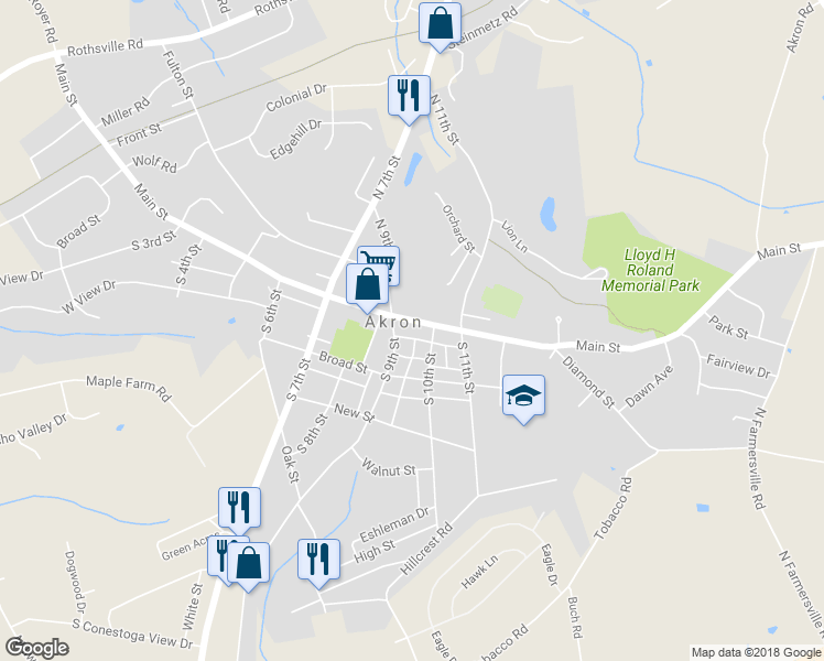 map of restaurants, bars, coffee shops, grocery stores, and more near 920 Main Street in Akron