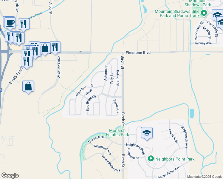 map of restaurants, bars, coffee shops, grocery stores, and more near 10726 Baily Street in Longmont