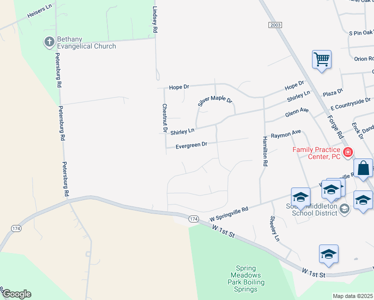 map of restaurants, bars, coffee shops, grocery stores, and more near 213 Evergreen Drive in Boiling Springs