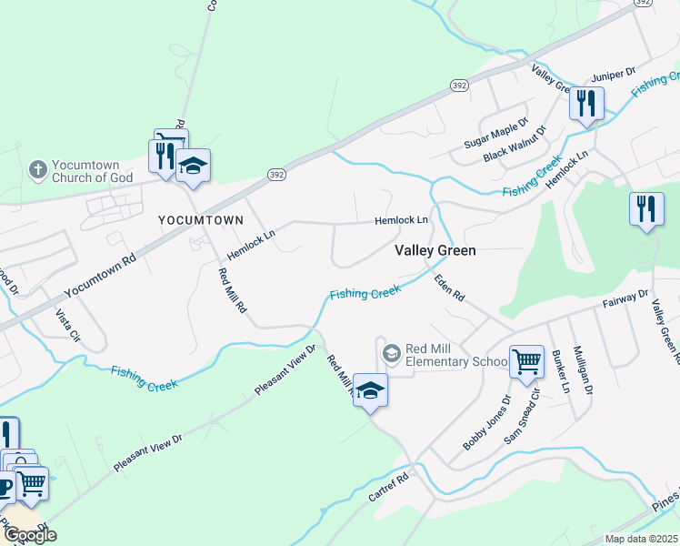map of restaurants, bars, coffee shops, grocery stores, and more near 100 Highland Circle in Valley Green