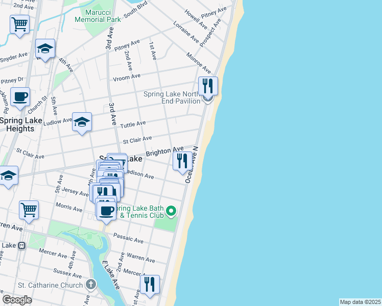 map of restaurants, bars, coffee shops, grocery stores, and more near 1612 North Ocean Avenue in Spring Lake