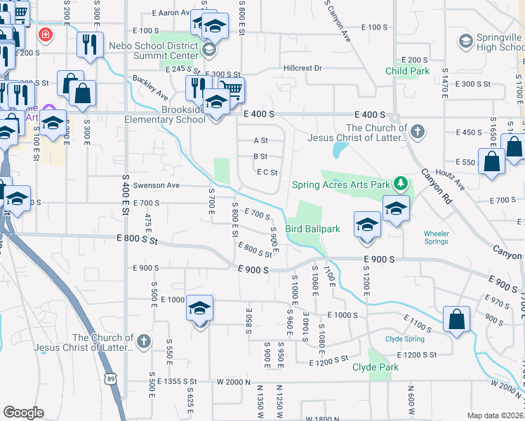 map of restaurants, bars, coffee shops, grocery stores, and more near 883 East 700 South in Springville