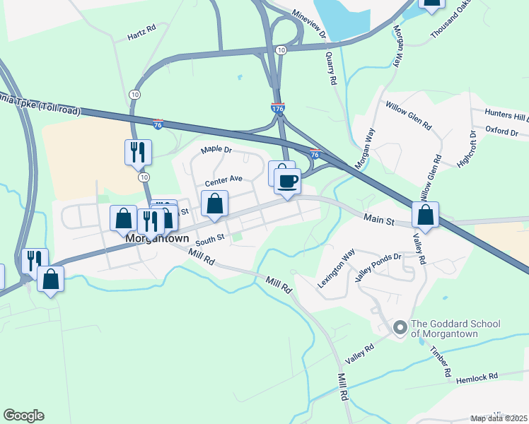 map of restaurants, bars, coffee shops, grocery stores, and more near 3500 Main Street in Morgantown