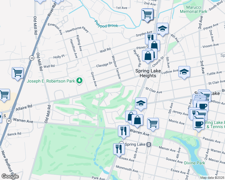 map of restaurants, bars, coffee shops, grocery stores, and more near 37 Locust Way in Spring Lake