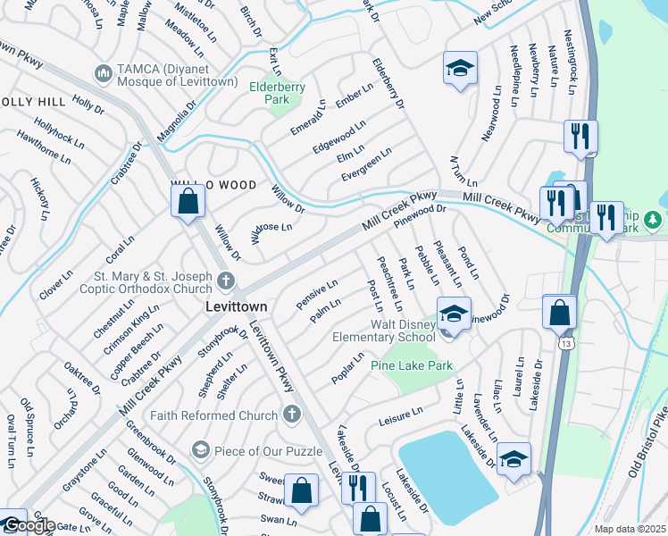 map of restaurants, bars, coffee shops, grocery stores, and more near 128 Pinewood Drive in Levittown