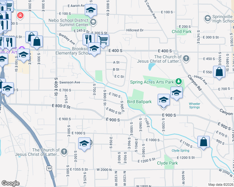 map of restaurants, bars, coffee shops, grocery stores, and more near 883 East 700 South in Springville