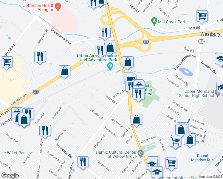 map of restaurants, bars, coffee shops, grocery stores, and more near 26 Knock North Knoll Circle in Willow Grove