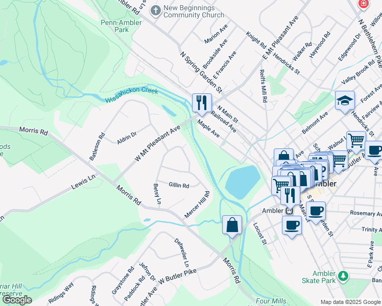 map of restaurants, bars, coffee shops, grocery stores, and more near 49 Betsy Lane in Ambler