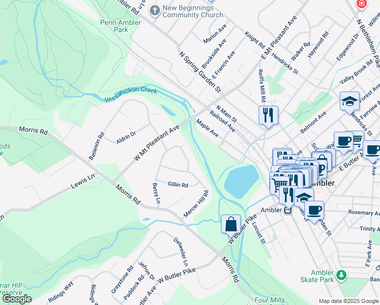 map of restaurants, bars, coffee shops, grocery stores, and more near 49 Betsy Lane in Ambler