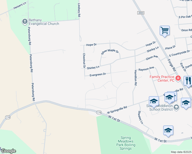 map of restaurants, bars, coffee shops, grocery stores, and more near 213 Evergreen Drive in Boiling Springs